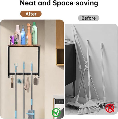 Broom Holder Wall Mount, Heavy Duty Broom & Mop Organizer Wall Hanging for Laundry Room Organization, Garage Storage & Home Improvement, Multi-Layer Iron & Wood Shelving with Hooks