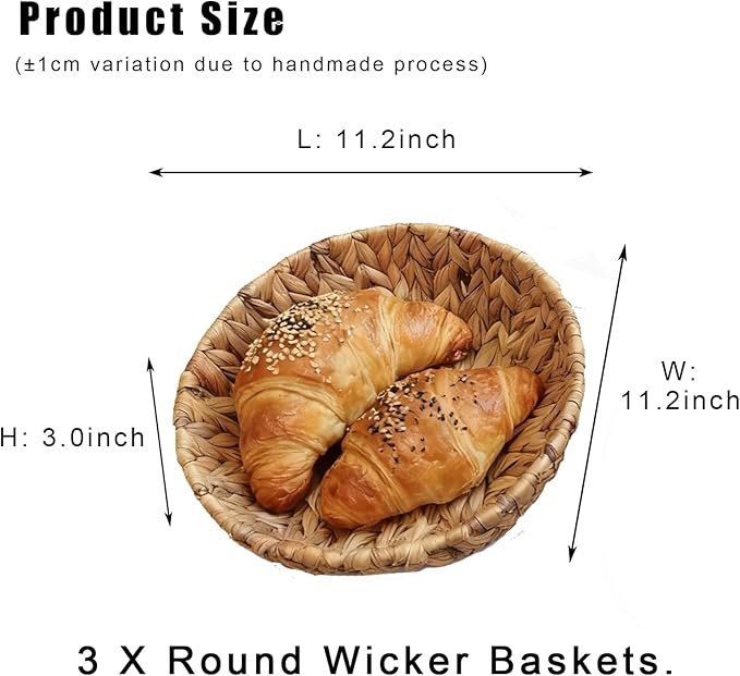 Set of 3 Round Wicker Baskets for Organizing, Water Hyacinth Storage Basket, Rattan Fruit Basket Handwoven Bread Basket for Serving Shelves Kitchen