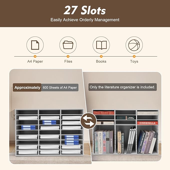 Literature Organizers, 27 Compartments Office Mailbox with Adjustable Shelves, 9 Layer Mail Organizer for Home School Offices, Wood Literature Sorter 32x12x22 for Office(White, 27 Slots)