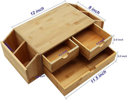 Bamboo Desk Organizer with Drawers, 2 Tier Wooden Desktop Organizer, Original Bamboo Desktop, Monitor Stands，for Office School Home Toiletries Supplies Vanity.