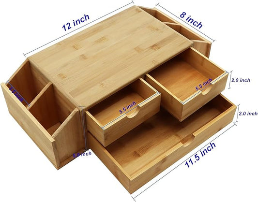 Bamboo Desk Organizer with Drawers, 2 Tier Wooden Desktop Organizer, Original Bamboo Desktop, Monitor Stands，for Office School Home Toiletries Supplies Vanity.