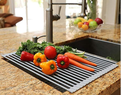 Pezixueran Roll Up Dish Drying Rack Over The Sink.Foldable Kitchen Drainer,Fully Silicone Cover Stainless Steel Bar,Heat-Resistant, Anti-Slip Sink Rack for Kitchen Counter Multipurpose.
