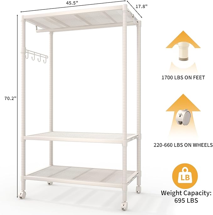 Clothes Rack with Wheels Heavy-Duty, 3-Tier Rolling Garment Rack with Adjustable Shelves & Side Hooks, Freestanding Wardrobe Metal Clothing Rack for Bedroom Cloakroom, 70.2"H x 45.4"W x 17.8"D