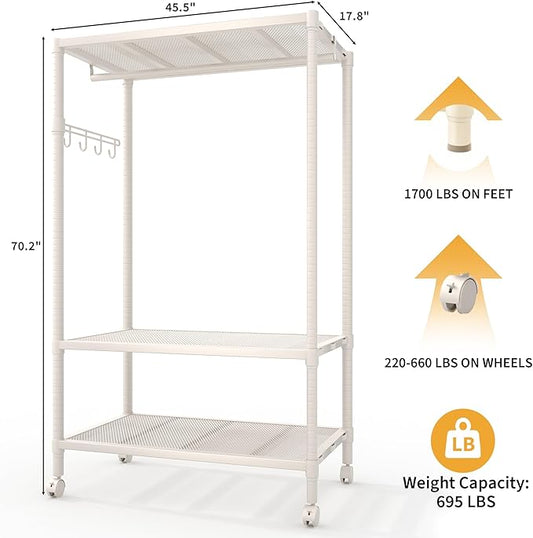 Clothes Rack with Wheels Heavy-Duty, 3-Tier Rolling Garment Rack with Adjustable Shelves & Side Hooks, Freestanding Wardrobe Metal Clothing Rack for Bedroom Cloakroom, 70.2"H x 45.4"W x 17.8"D