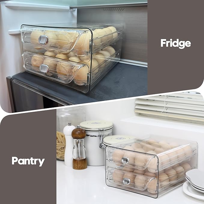 Sea Team Clear Plastic Egg Holder for Fridge, Stackable Refrigerator Egg Container with 2 Removable Trays, Dispenser for Kitchen Storage and Organizer