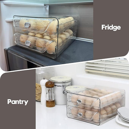 Sea Team Clear Plastic Egg Holder for Fridge, Stackable Refrigerator Egg Container with 2 Removable Trays, Dispenser for Kitchen Storage and Organizer