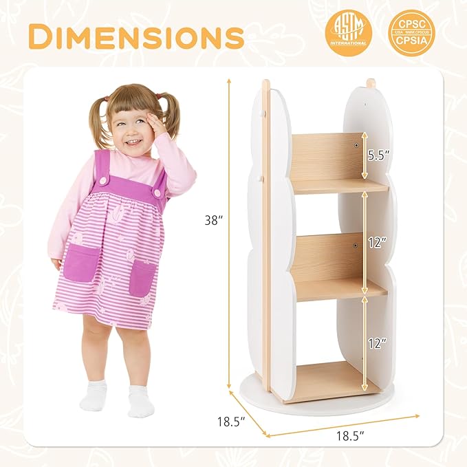 Costzon Kids Rotating Bookshelf, 3-Tier Small Book Shelf w/12 Sectors, 360° Display Spinning Bookshelf Tower, Wooden Revolving Bookcase for Kid's Room, Living Room, Daycare, Small Spaces (White)