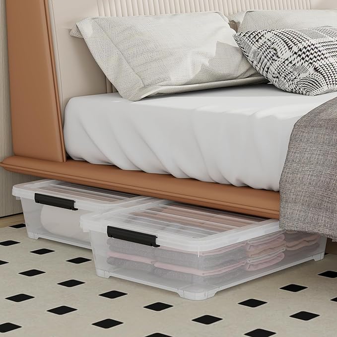 Uumitty 4Pack 40 Qt Plastic Under Bed Storage Organizer Bin Container with Secure Lids and Durable Wheels, Clear