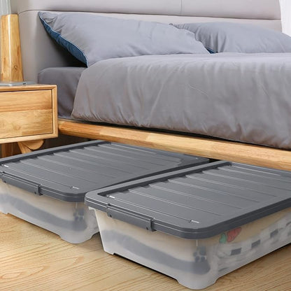 CadineUS 3-pack 40 Quarts Large Plastic Under Bed Boxes with Wheels, Shallow Storage Tote Bins