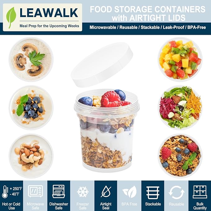 16oz 12Pack Reusable Freezer Food Storage Containers with Airtight Twist Top Lid. Overnight Oats Container with Lids BPA-Free. Plastic Soup Deli Container with Lids Microwave/Dishwasher/Freezer Safe