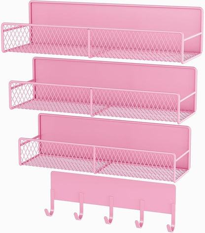 4 Pack Magnetic Shelves for Washing Machine, Heavy-Duty Magnetic Laundry Organizer with Hooks, Washing Machine Shelf for Refrigerator, Metal Storage Baskets, Closet & Laundry Room Organization (Pink)