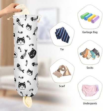 1 PC Plastic Bag Holder Wall Mount Grocery Bag Holder Shopping Bag Trash Bag Storage Organizer Dispenser for Kitchen Closet 22 x 9 Inch Cat and Fish Bone