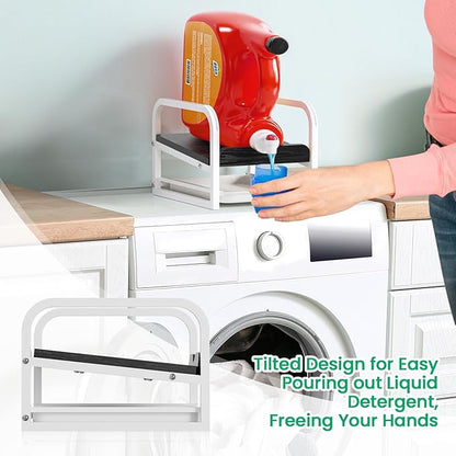 Laundry Detergent Holder Liquid Laundry Detergent Riser and Stand, Liquid Detergent Holder with Drip Tray for Laundry Room Organization (Tilted-Black Wood)