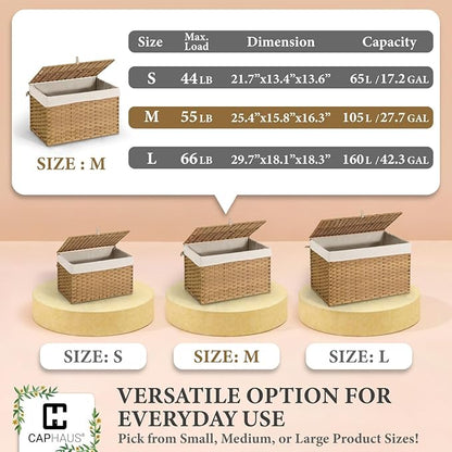 CAPHAUS Handwoven Storage Basket w/Lid and Handles, 2 Removable Liner Bags, Foldable Clothes Basket for Laundry, Large Synthetic Rattan Laundry Basket w/Lid, Laundry Basket w/Lid, 105L, Grey