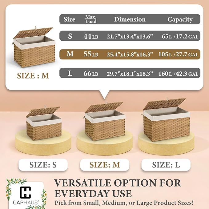 CAPHAUS Handwoven Storage Basket w/Lid and Handles, 2 Removable Liner Bags, Foldable Clothes Basket for Laundry, Large Synthetic Rattan Laundry Basket w/Lid, Laundry Basket w/Lid, 105L, Natural