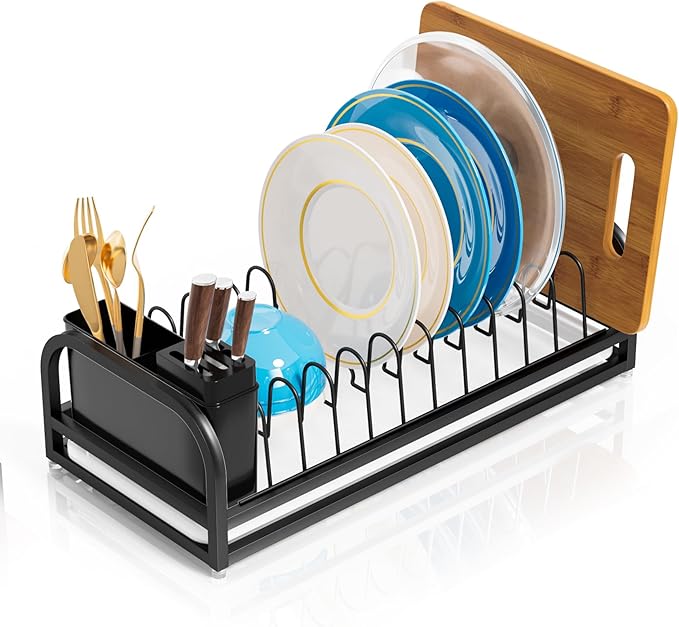 YEYPOP Black Dish Drying Rack Small for Kitchen Counter, 304 Stainless Steel Dish Rack w Tray & Cutlery Holder, Narrow Dish Drainer for Pots & Pans, Cutting Boards, Plates & Lids