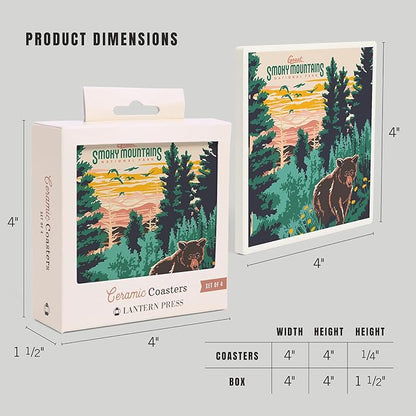 Lantern Press Great Smoky Mountains National Park, Explorer Series (Absorbent Ceramic Coasters Set of 4 Matching Images, Cork Back, Kitchen Table Decor)