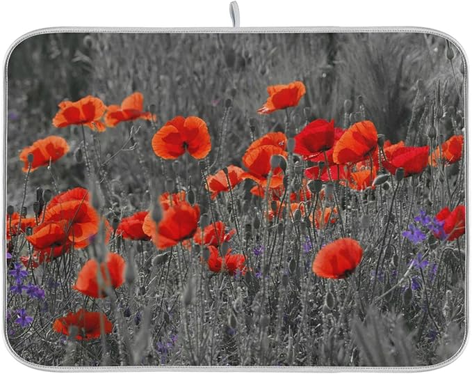 ZzWwR Beautiful Meadow Red Poppy Flowers Absorbent Dish Drying Mat Microfiber Kitchen Countertop Table Protector Multi-Purpose Counter Rack Sink Drainer Pad (16" x 18")