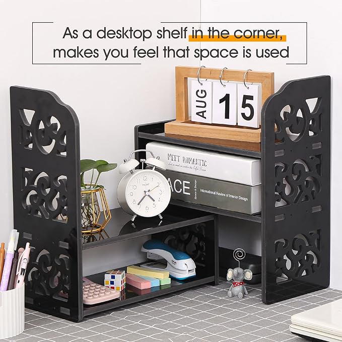 YGYQZ Desk Shelves Desktop Orgnizer Shelf-Black Office Organization for Top of Adjustable Desk Organizers and Corner Bookshelf Table Top Shelving Small Hutch Decorations for Women Office