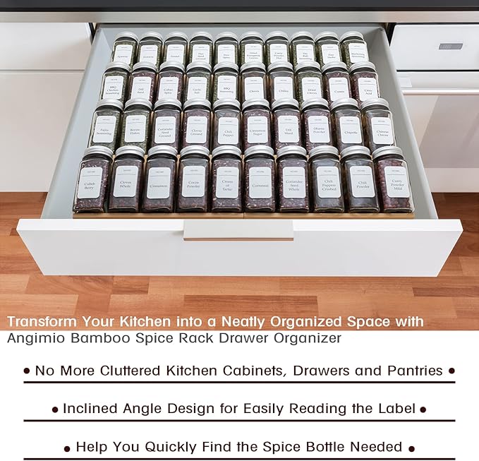 Angimio Bamboo Spice Rack Drawer Organizer - 8 Pieces Set- 9" Wide Per Piece - Combine Pieces Into 18" Wide Rack (9" or 18")