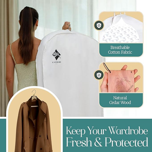 Premium 60” Cotton Garment Bag For Hanging Clothes And Storage | Wide 6” Gusset & 4 Cedar Blocks For Fresh Smell And Clothes Protection | Best For Fur Coats, Long Dresses, Gowns, Tuxedos and more