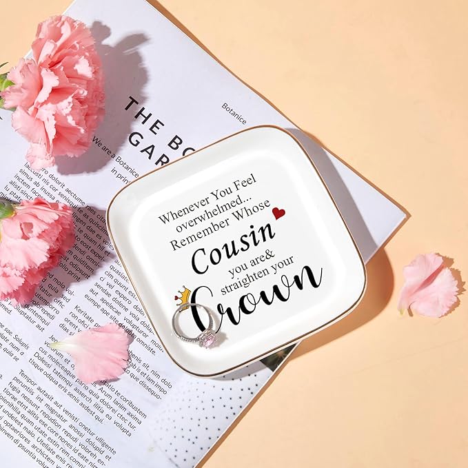 PUDDING CABIN Birthday Cousin Gifts for Women Jewelry Dish Trinket Tray – Remember Whose Cousin You Are Straighten Your Crown – Birthday Gifts for Cousin Valentines Graduation Mothers Day Christmas