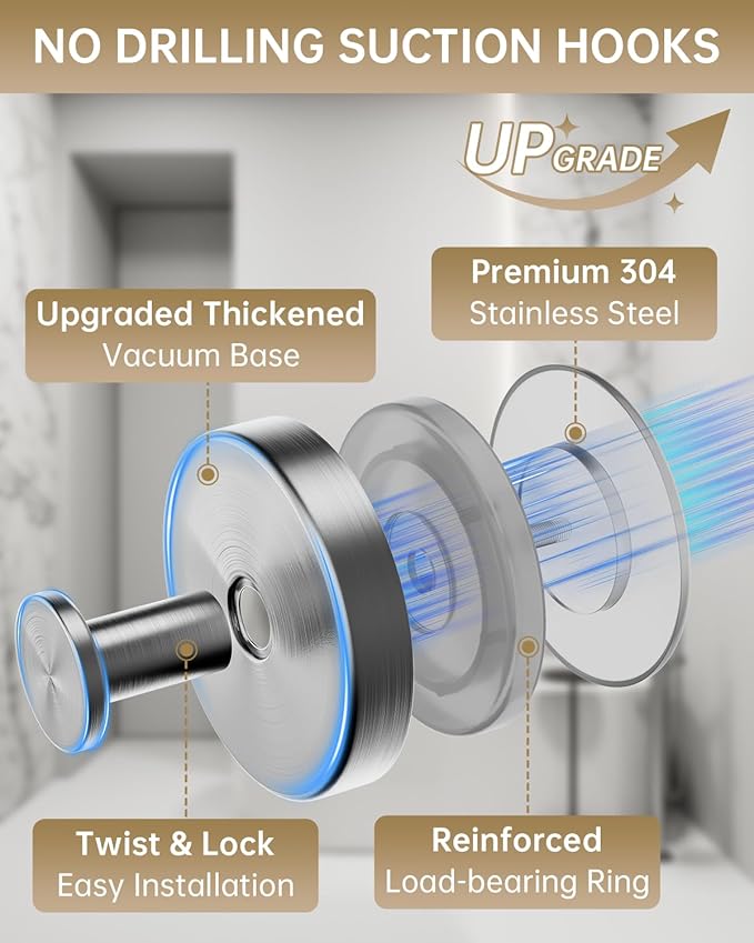 SwanKiss Suction Cup Hooks for Shower, Suction Cup Hooks for Door Wreaths, Robe Towel Hooks Heavy Duty for Bathroom Hanging, Windows, Kitchen, Glass, Mirror, No Drilling, 6 Pack (Sliver)