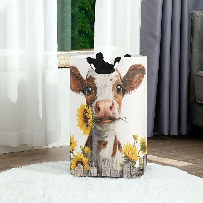 Laundry Hamper Basket Fall Farm Cow White Storage Basket Collapsible Laundry Bag with Handle Decorative Organizer Bins Basket for Laundry Room Decor Bedroom Dorm
