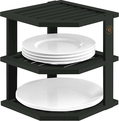 Cabinet Organizer Shelf - Bamboo Corner Rack for Kitchen Counter, Cabinet Space Saver for Plates, Dishes, Bowls, Bread Pantry, Bathroom Storage or Countertop Stand, Black