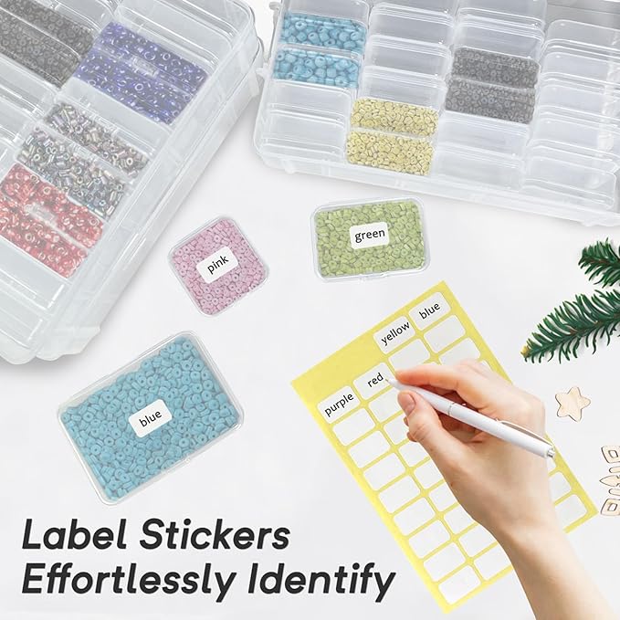 Guyuyii Bead Organizers and Storage with Labels and Handle - 58 Pcs Small Plastic Bins with Lids and 3-Tier Stackable Clear Bead Storage for Diamond Painting, Seed Beading & Jewelry Making (3 Sizes)
