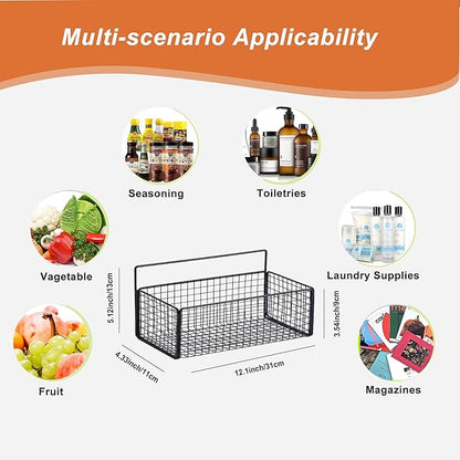 Metal Hanging Baskets 2-Pack - Wire Wall Storage Organizer with Hooks, Adhesive Shelves for Kitchen, Bathroom, Pantry (Spice Rack, Cabinet Organizer, Shower Caddy) Garage RV Black
