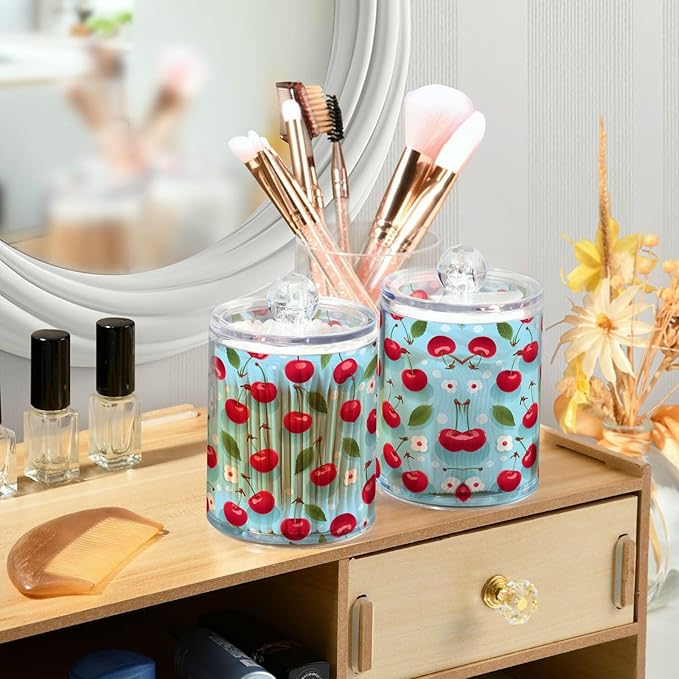 MNSRUU 2 Pack Qtip Holder Organizer Dispenser Cherries and Flowers Pink Bathroom Storage Canister Cotton Ball Holder Bathroom Containers for Cotton Swabs/Pads/Floss