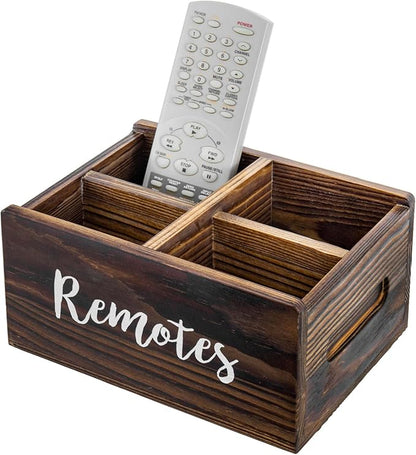 MyGift Wood Remote Control Holder Organizer with 4 Compartments, Tabletop Media TV Remote Caddy Storage with Cursive REMOTES Design (Rustic Burnt)