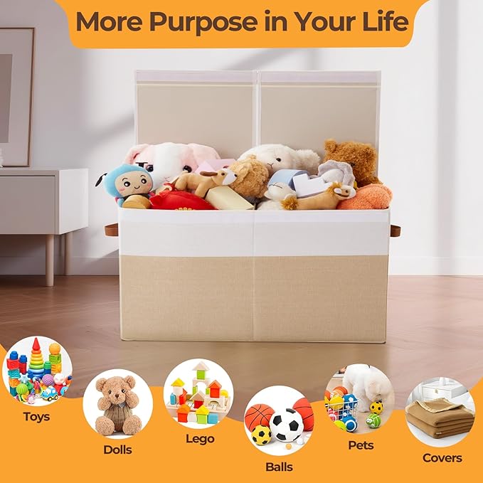 Large Toy Box,83L Foldable Sturdy Toy Storage with Lid,25"x13"x16" Kids Storage Organizer,Toy Chest for Boys&Girls, for Living Room,Nursery,Bedroom,Playroom,Large Capacity Toybox(Beige)