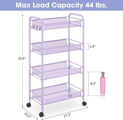 TOOLF 4-Tier Rolling Cart, Metal Utility Cart with 3 Hooks, Easy Assemble Mobile Storage Trolley On Wheels, Metal Shelving Units Kitchen Bathroom Laundry Room