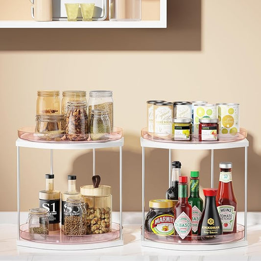 2 Pack 2-Tier Lazy Susan Turntable Organizer – 9.05” Rotating Spice Rack Organizer for Cabinet, Pantry, Tabletop & Counter – Clear Acrylic Lazy Susan for Kitchen, Bathroom & Vanity