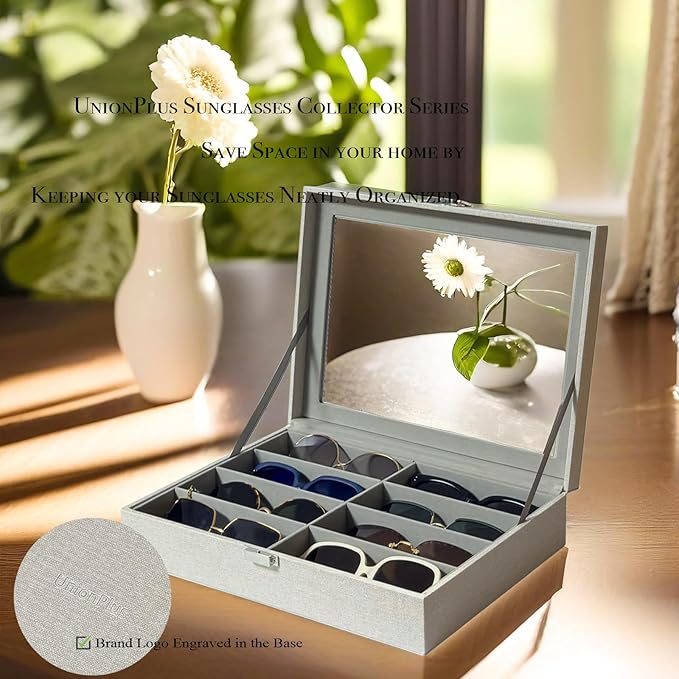 UnionPlus 8-Slots Sunglasses Case Organizer, Eyeglass Glasses Display Holder Collector, Multiple Sunglasses Storage Case, Beige Liner Faux Leather