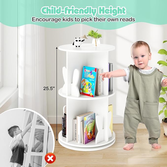 Costzon Kids Rotating Bookshelf, 2 Tier Small Book Shelf with Bookends, 360° Display Spinning Bookshelf Tower, Corner Bookshelf for Small Space, Kids Room, Bedroom, Nursery (White)