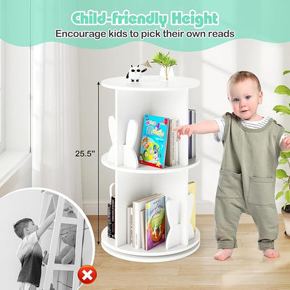 Costzon Kids Rotating Bookshelf, 2 Tier Small Book Shelf with Bookends, 360° Display Spinning Bookshelf Tower, Corner Bookshelf for Small Space, Kids Room, Bedroom, Nursery (White)