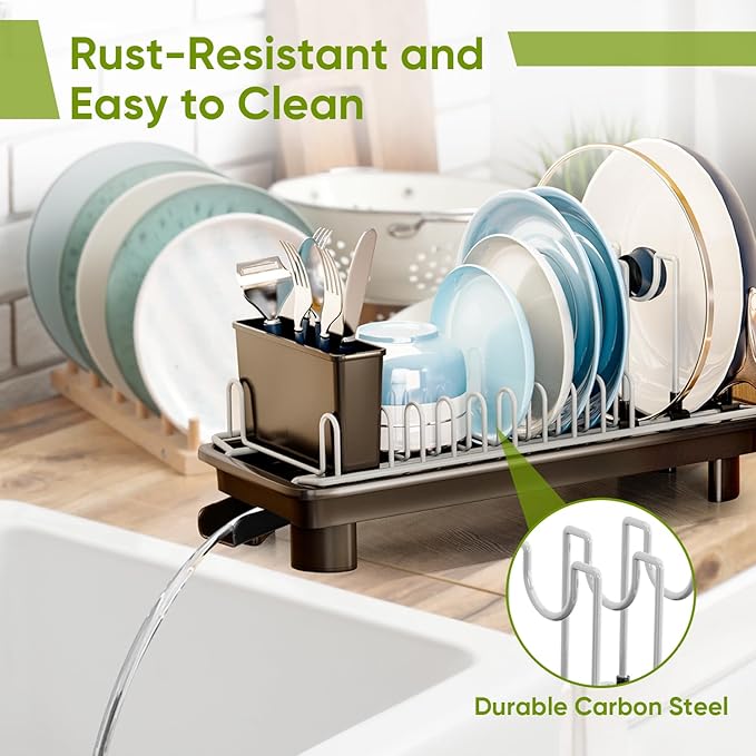 VUSIGN Small Dish Drying Rack with Drain, Compact Dish Rack, Slim Dish Drainers for Kitchen Counter, Extendable Spout Strainers with Removable Utensil Holder, Space Saving, Black