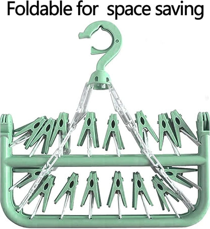 Clothes Drying Hanger with 32 Clips and Drip Foldable Hanging Rack (Light Green)