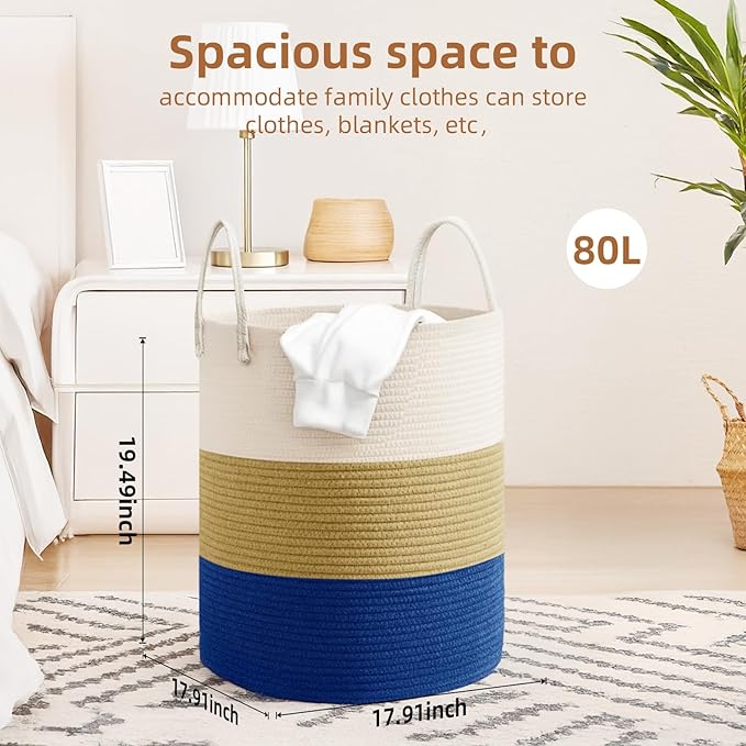 Cotton Rope Basket，Large Blanket Basket for Living Room,Woven cotton rope laundry baskets，For Bathroom Dirty Clothes ，Nursery Toys，pillow storage organization, 80L,white and dark blue.