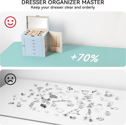 Frebeauty Large Jewelry Box,6-Tier PU Leather Jewelry Organizer,Multi-functional Storage Case with Mirror,Accessories Holder with 5 Drawers for Necklace Bracelets Watches(Sky Blue)