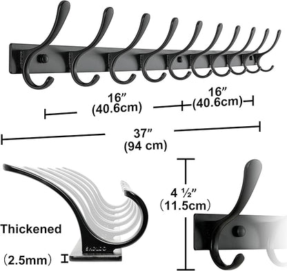 SKOLOO Coat Rack Wall Mounted - 10 Hooks, Heavy Duty, Stainless Steel, Metal Wall Hangers, Sturdy Coat Hooks for Hanging Coats, Jacket, Clothes, Hat, Black
