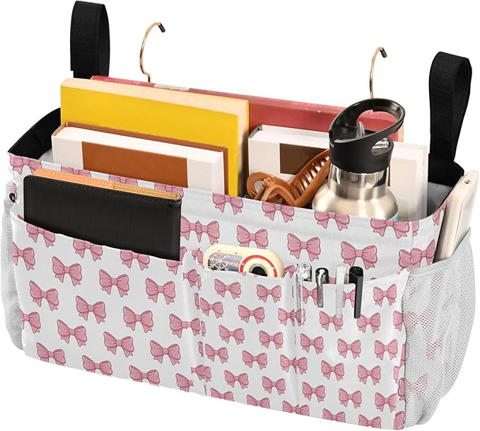 Jihqo Bedside Caddy Hanging Storage Bag Pink Bows Bedside Organizer Caddy for Bunk, Dorm Room, Hospital Beds - Place Magazines / Remotes / Keys