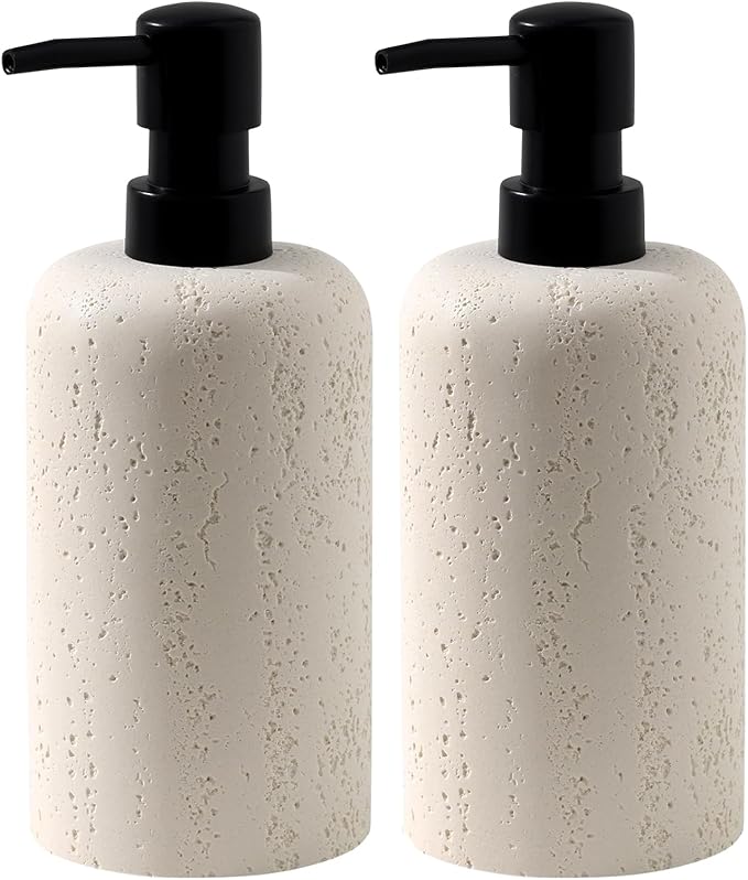 Haocoott Soap Dispensers 400mL 13.5 OZ, 2 PCS Luxurious Hand Dish Lotion Shampoo Soap Dispenser Jar, Travertine Soap Bottles Rustproof Pump for Kitchen Bathroom Countertop