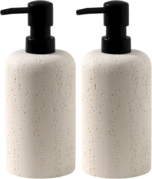 Haocoott Soap Dispensers 400mL 13.5 OZ, 2 PCS Luxurious Hand Dish Lotion Shampoo Soap Dispenser Jar, Travertine Soap Bottles Rustproof Pump for Kitchen Bathroom Countertop