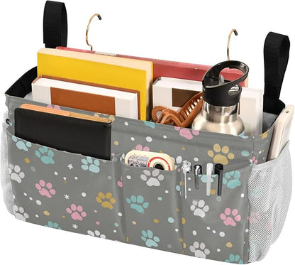 CuwrYet Bedside Caddy Hanging Bunk Bed Caddy Bed Organizer Hanging Pocket with 2 Hooks Bedside Storage Organizer Pocket Bag Holder Paw Print Dots Stars Grey