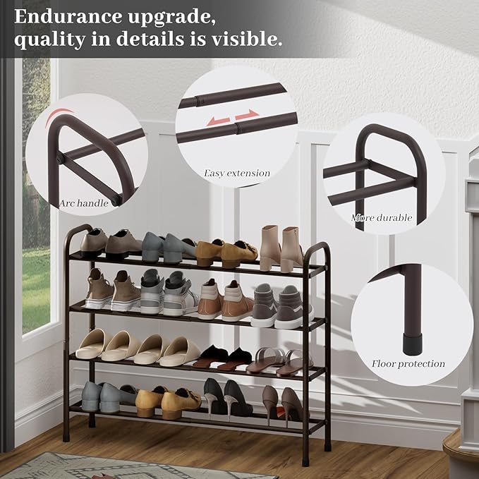 Expandable Shoe Rack, 4-Tier Metal Small Shoe Rack, Adjustable Shoes Organizer, Storage Shelf for Closet, Entryway, Brown
