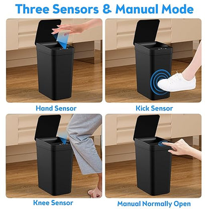 Bathroom Trash Can with Lid, 2 Pack 4 & 2.2 Gallon Automatic Touchless Garbage Can, Small Motion Sensor Smart Trash Can, Slim Waterproof Trash Bin for Bedroom, Bathroom, Office, Living Room (Black)